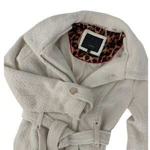 Steve Madden Cream Boucle Trench Coat Leopard Print Lining Belted Zip Front S/P‎